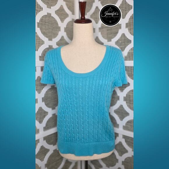 Jeanne Pierre Petite Teal/Turquoise Cable Knit Scoop Neck Cap Sleeve Sweater PL - Picture 1 of 8